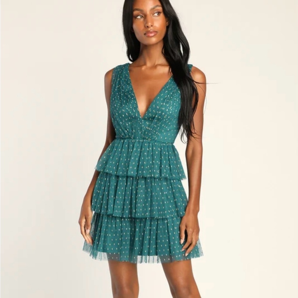 Lulu's Teal Tiered Mini Dress with gold foil dots